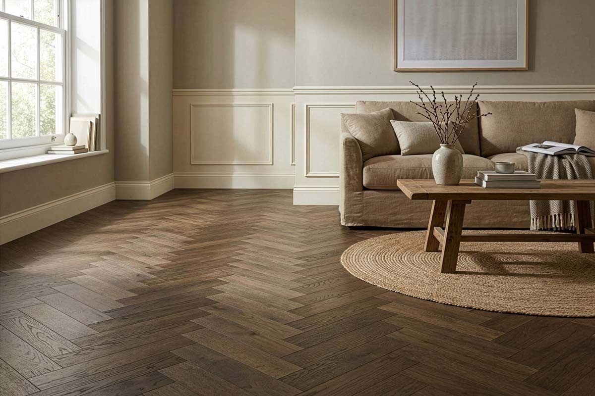 Home Choice Engineered Rustic Oak Herringbone 10mm x 90mm Affogato Brushed UV Lacquered