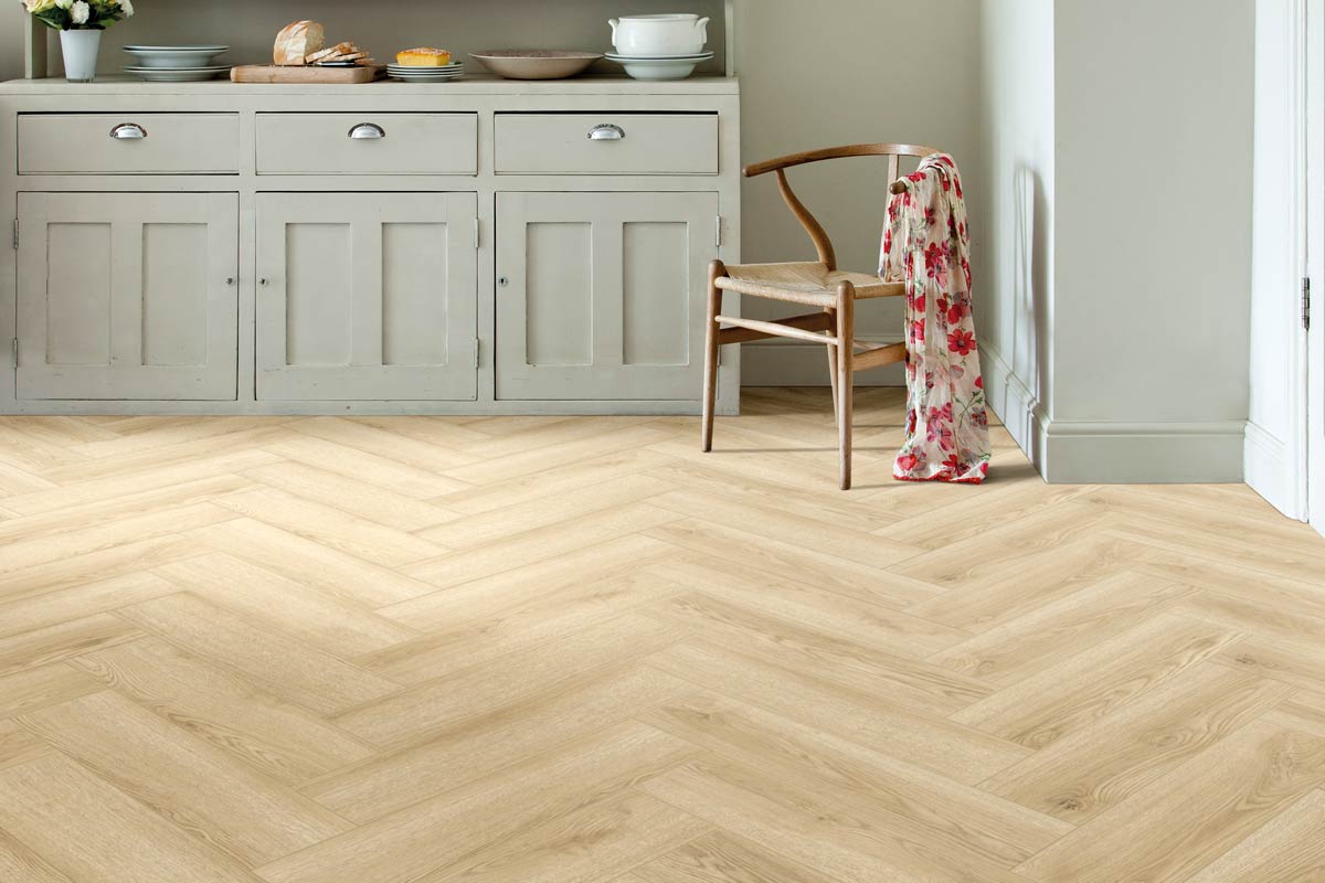 Spectra Luxury Acoustic Rigid Core Click Vinyl Flooring Pale Oat Oak Herringbone Built-In Underlay